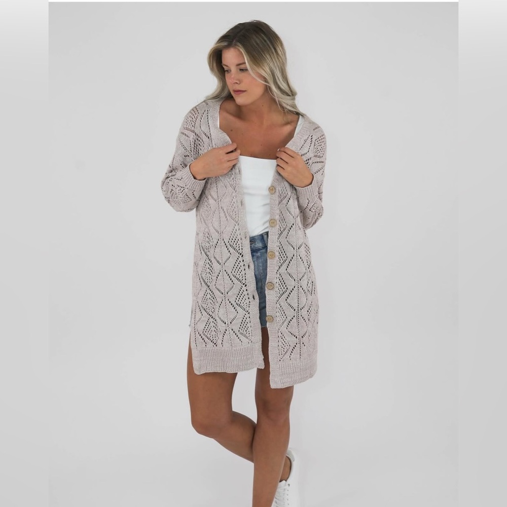 Open Knit Long Cardigan Sweater L Taupe Beige...